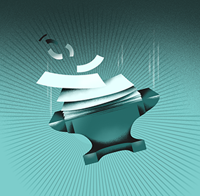 An anvil falling with papers on top of it