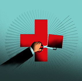 A person cutting a line on a red cross with a pair of scissors