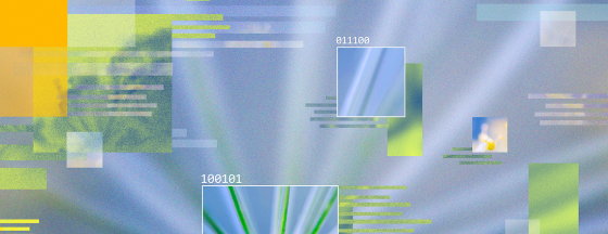 Abstract digital graphic with translucent panels, code-like text, and glowing yellow and green blocks against a blue background.