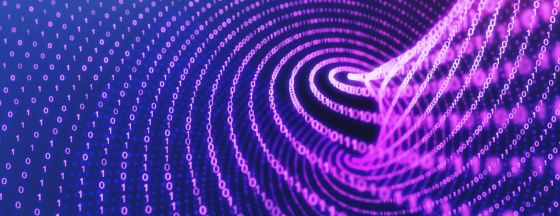 3D digital illustration of a purple and blue spiral pattern made of binary code particles