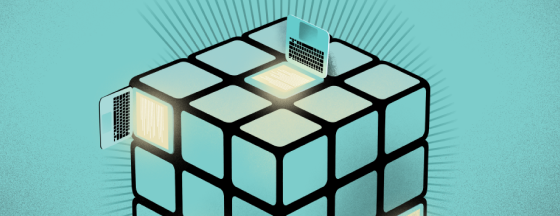 Blue and white Rubik's cube puzzle set against a teal background