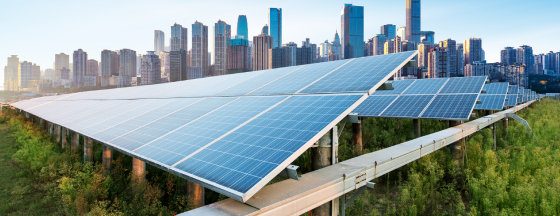 Large solar photovoltaic array installed on a grassy area in front of a city skyline