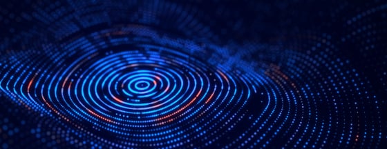 Abstract visualization of concentric blue and red data rings on a dark background.